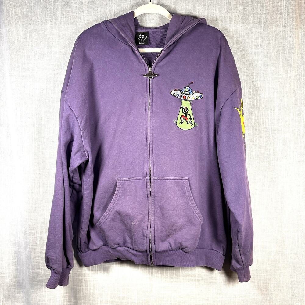 Small Dark One Kill All Aliens Purple Graphic Zip Up Hoodie Sweatshirt 2024 Sz L